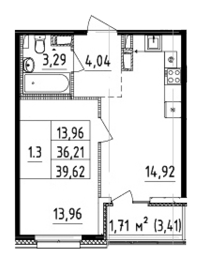 1-комнатная квартира 39.62 м², 14/14 эт., ЖК «Чёрная речка(Nordest)»